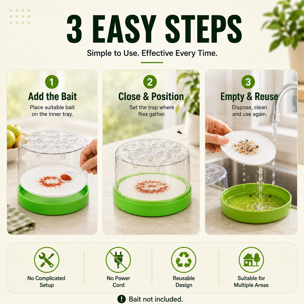🏠🛡️Junafera® Reusable Non-Electric Fly Trap--Near kitchen sinks, trash cans, pet bowls, garage windows, patios, and BBQs.