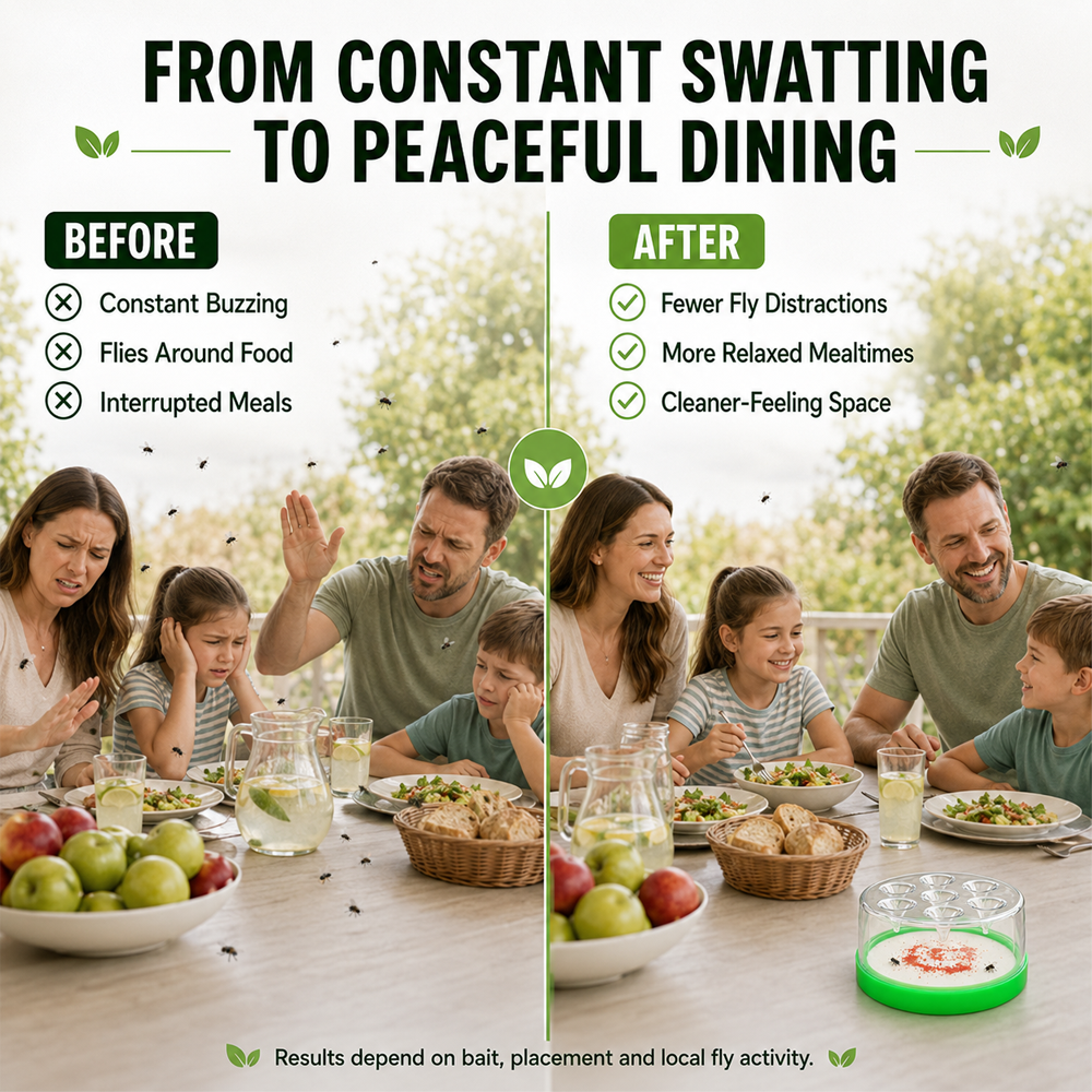 🏠🛡️Junafera® Reusable Non-Electric Fly Trap--Near kitchen sinks, trash cans, pet bowls, garage windows, patios, and BBQs.