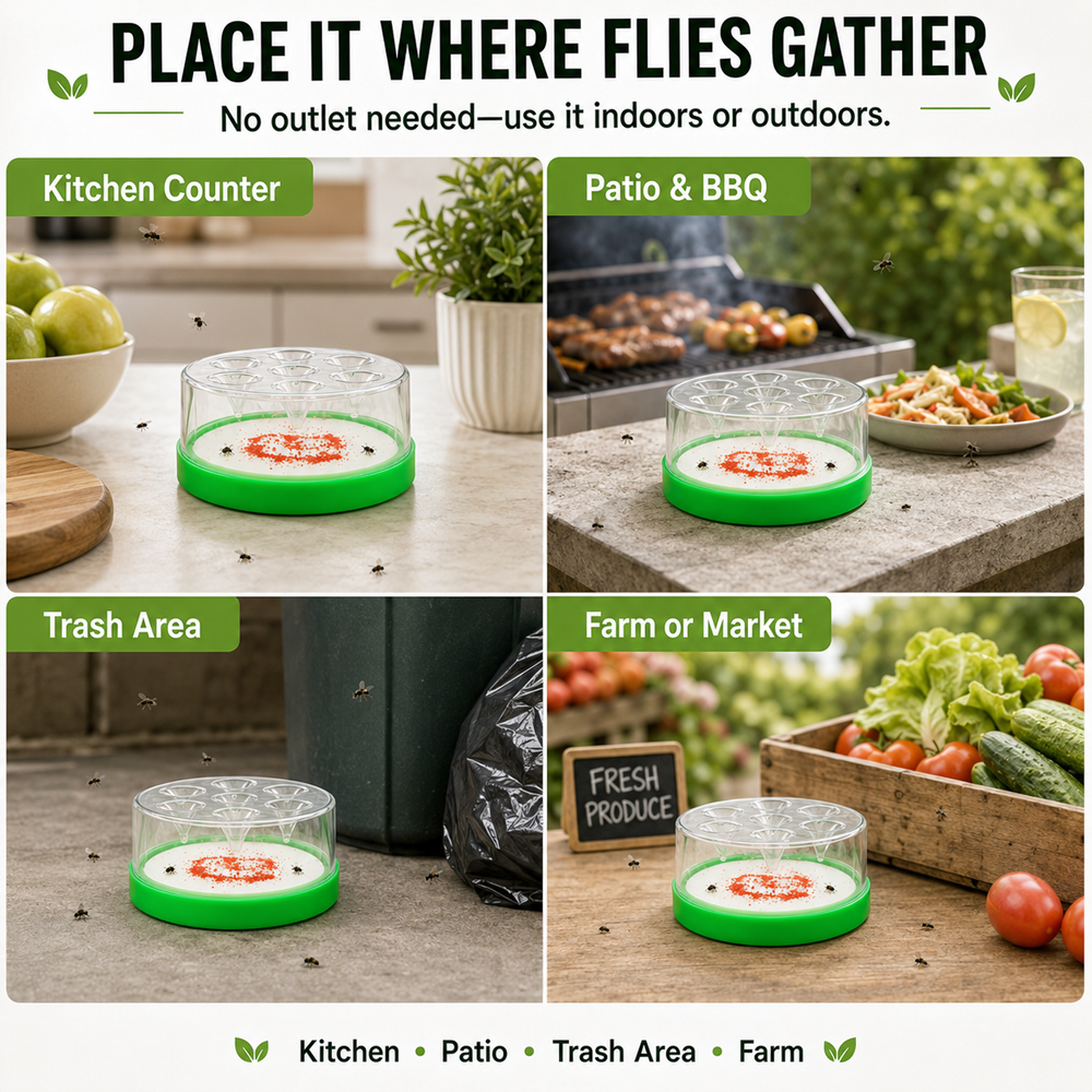 🏠🛡️Junafera® Reusable Non-Electric Fly Trap--Near kitchen sinks, trash cans, pet bowls, garage windows, patios, and BBQs.