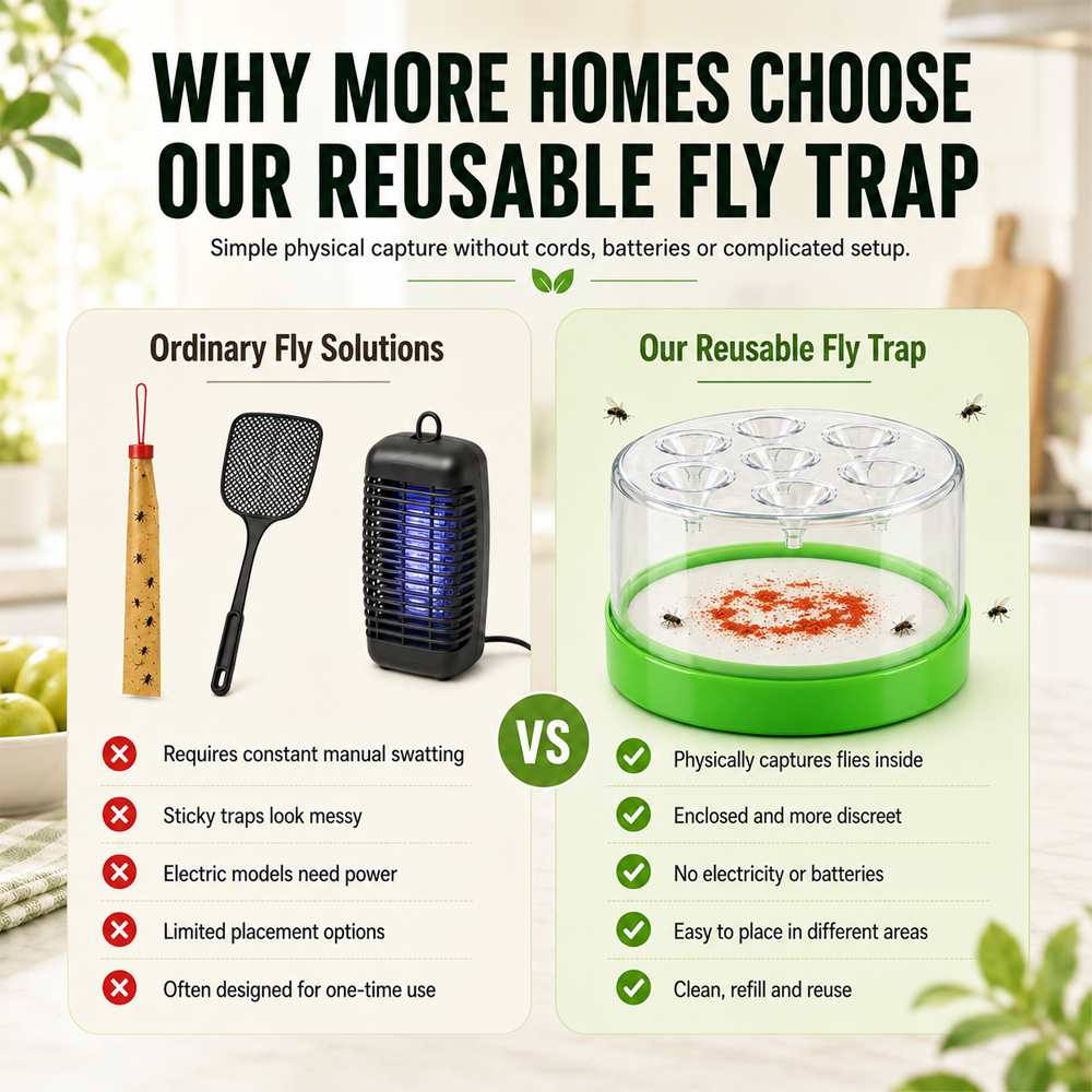 🏠🛡️Junafera® Reusable Non-Electric Fly Trap--Near kitchen sinks, trash cans, pet bowls, garage windows, patios, and BBQs.