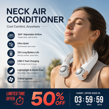 🥳2026 HOT SALE🥳💞50K+ SOLD!🍃 BVJ® Neck Air Conditioner Fan – Ultra‑quiet, 360° rotating, 3 speeds. Hands‑free cooling, long battery. Summer essential! 😎🌬️